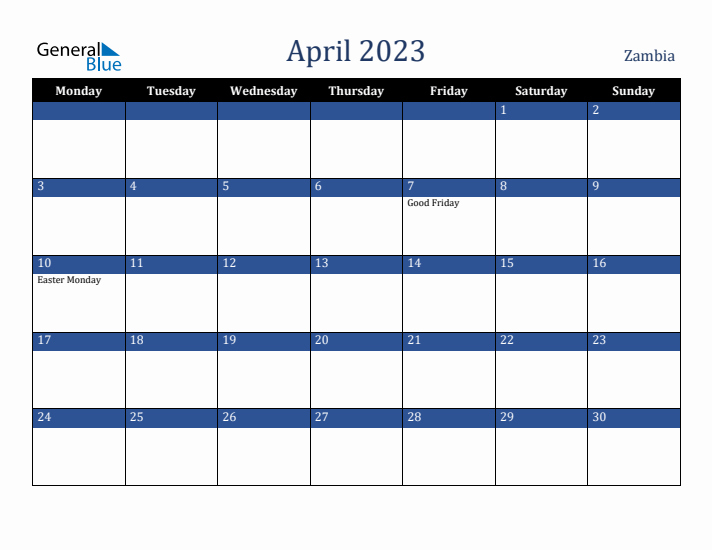 April 2023 Zambia Calendar (Monday Start)