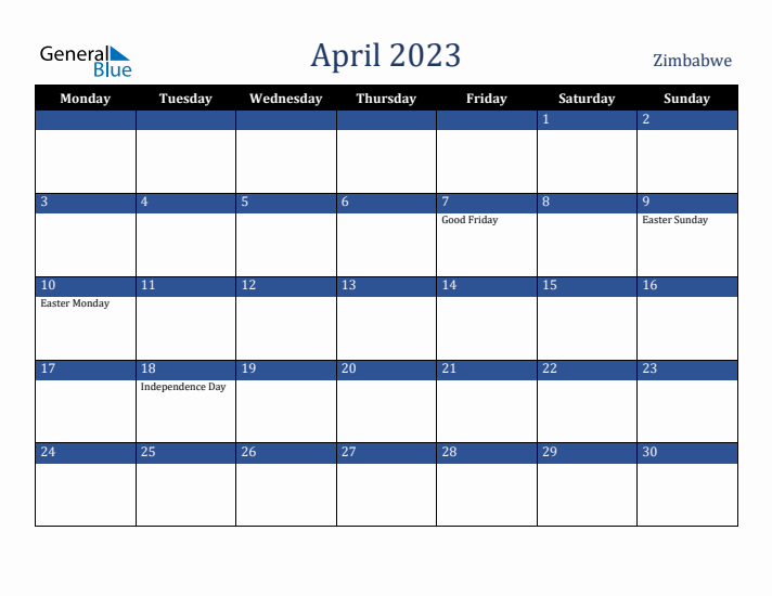 April 2023 Zimbabwe Calendar (Monday Start)