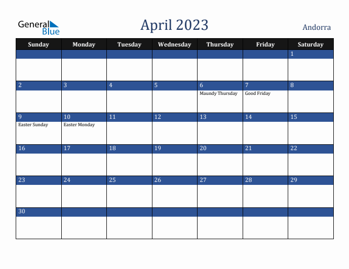 April 2023 Andorra Calendar (Sunday Start)