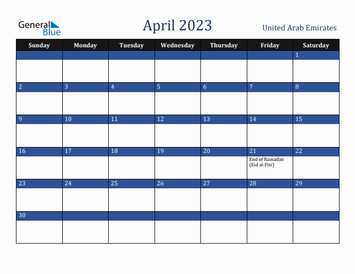 April 2023 United Arab Emirates Calendar (Sunday Start)