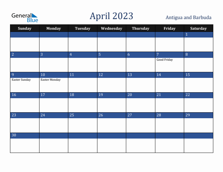 April 2023 Antigua and Barbuda Calendar (Sunday Start)