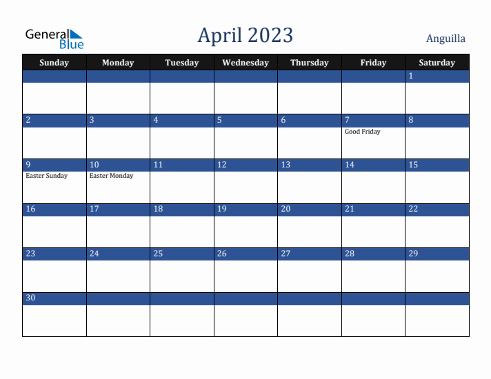 April 2023 Anguilla Calendar (Sunday Start)