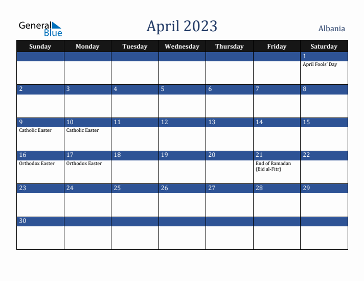 April 2023 Albania Calendar (Sunday Start)