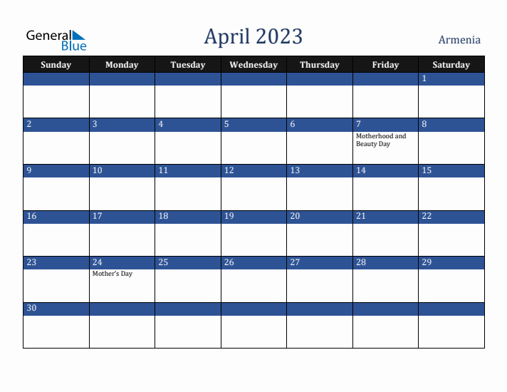 April 2023 Armenia Calendar (Sunday Start)
