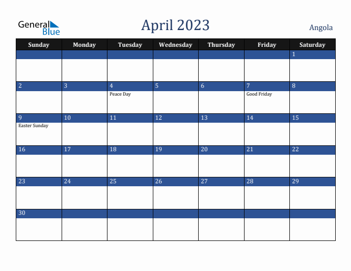 April 2023 Angola Calendar (Sunday Start)