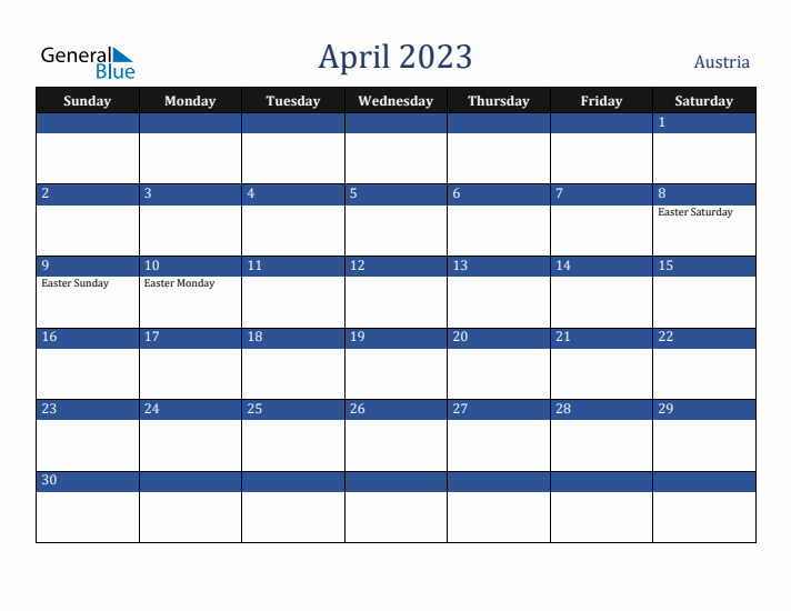 April 2023 Austria Calendar (Sunday Start)