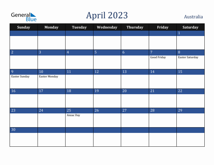 April 2023 Australia Calendar (Sunday Start)