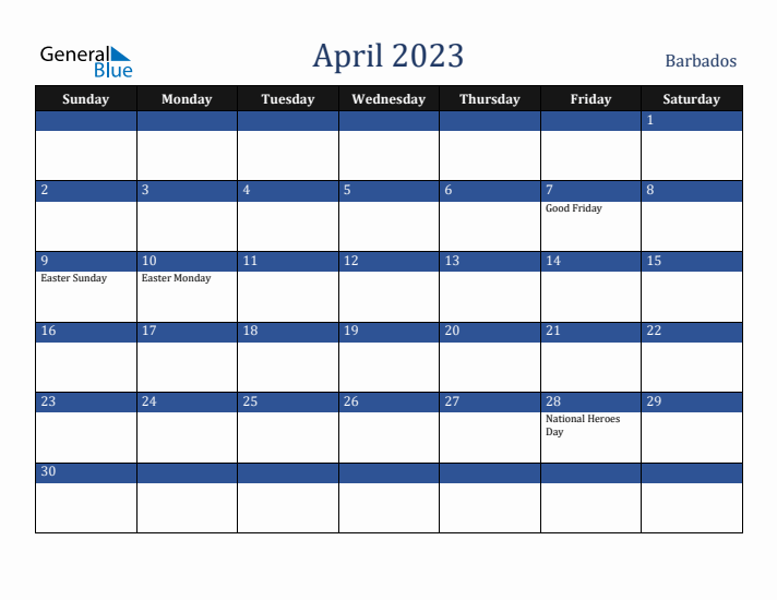 April 2023 Barbados Calendar (Sunday Start)