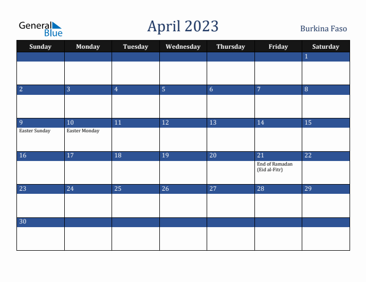 April 2023 Burkina Faso Calendar (Sunday Start)