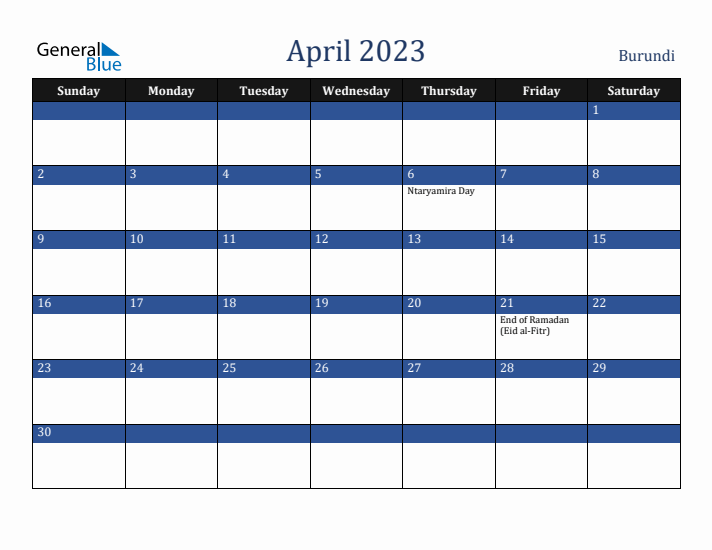 April 2023 Burundi Calendar (Sunday Start)