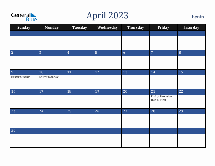 April 2023 Benin Calendar (Sunday Start)