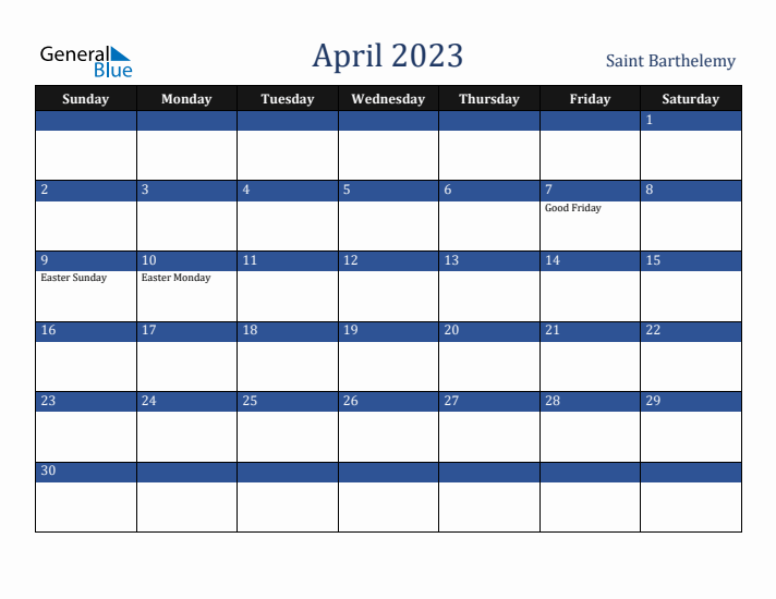 April 2023 Saint Barthelemy Calendar (Sunday Start)