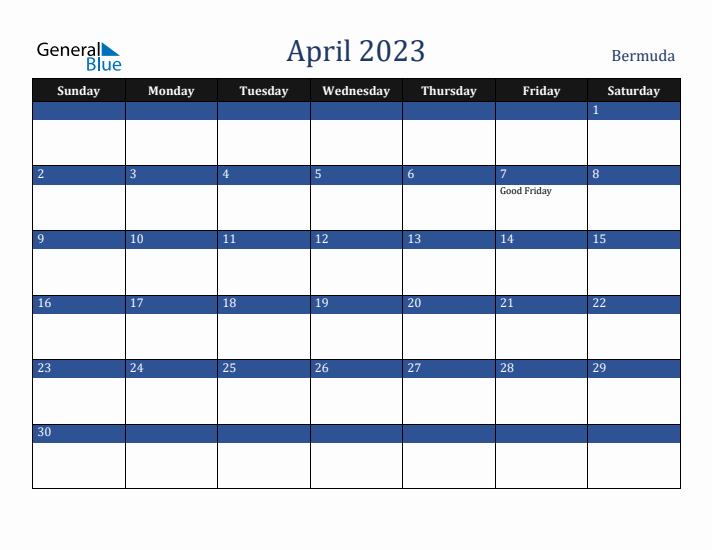 April 2023 Bermuda Calendar (Sunday Start)