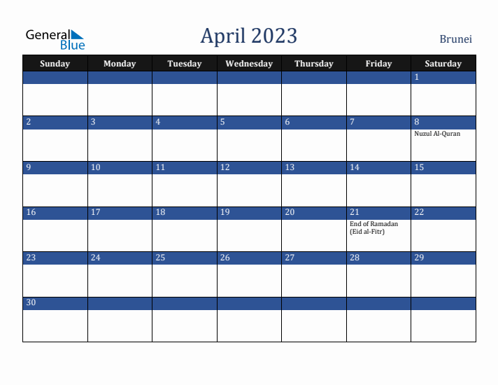 April 2023 Brunei Calendar (Sunday Start)
