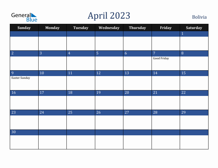 April 2023 Bolivia Calendar (Sunday Start)