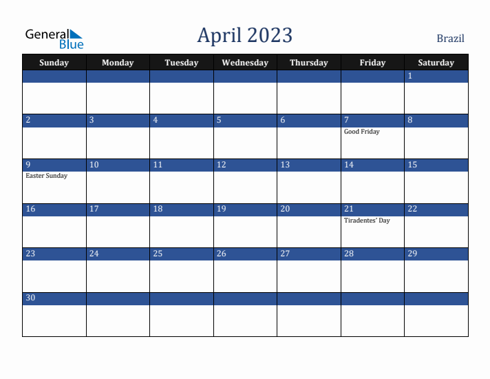 April 2023 Brazil Calendar (Sunday Start)