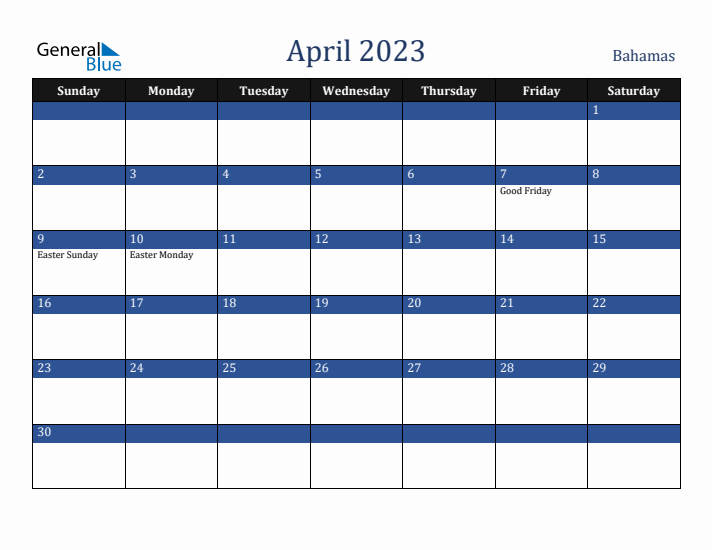 April 2023 Bahamas Calendar (Sunday Start)