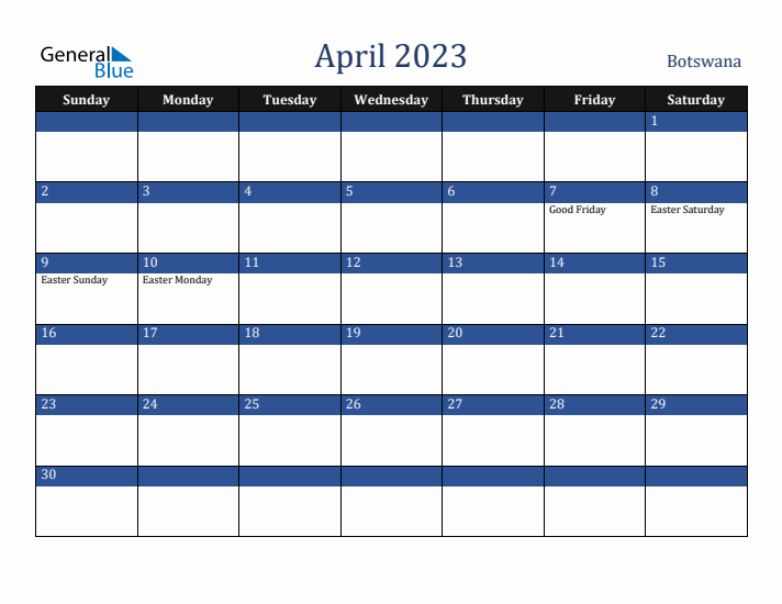 April 2023 Botswana Calendar (Sunday Start)