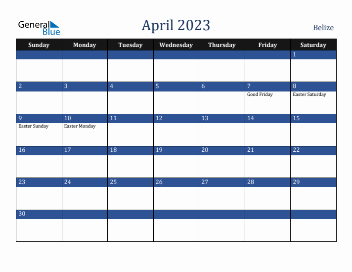 April 2023 Belize Calendar (Sunday Start)