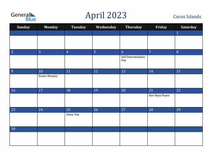 April 2023 Cocos Islands Calendar (Sunday Start)