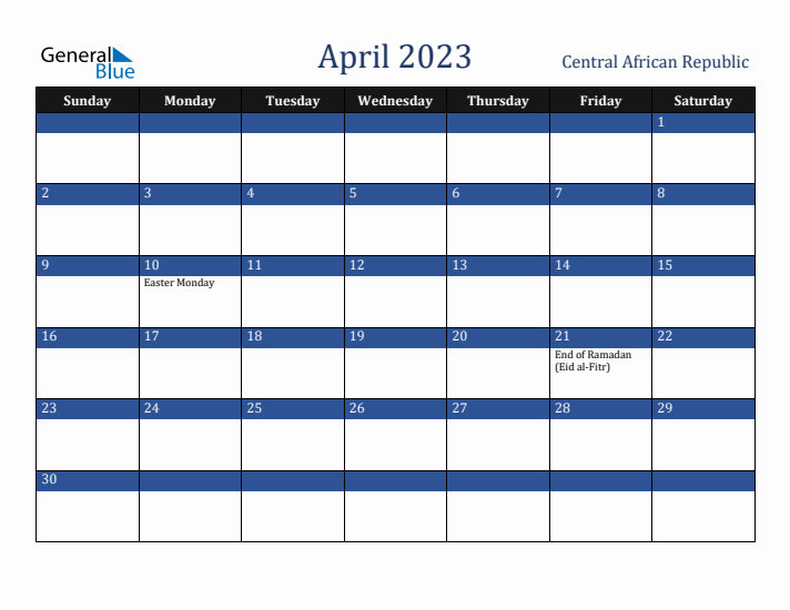 April 2023 Central African Republic Calendar (Sunday Start)