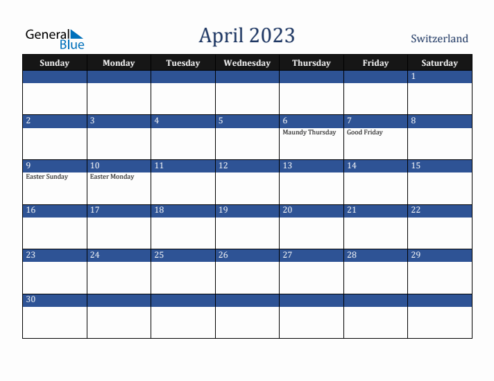 April 2023 Switzerland Calendar (Sunday Start)