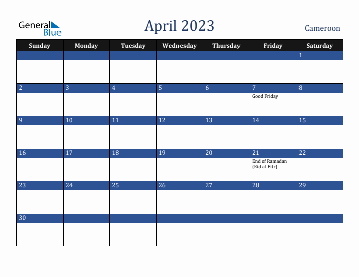 April 2023 Cameroon Calendar (Sunday Start)