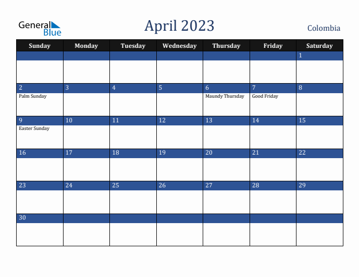 April 2023 Colombia Calendar (Sunday Start)