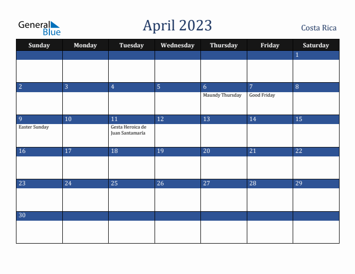 April 2023 Costa Rica Calendar (Sunday Start)