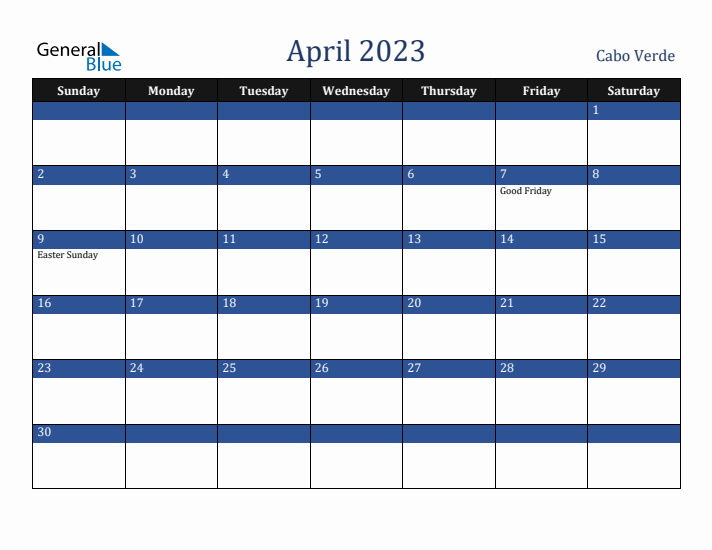 April 2023 Cabo Verde Calendar (Sunday Start)