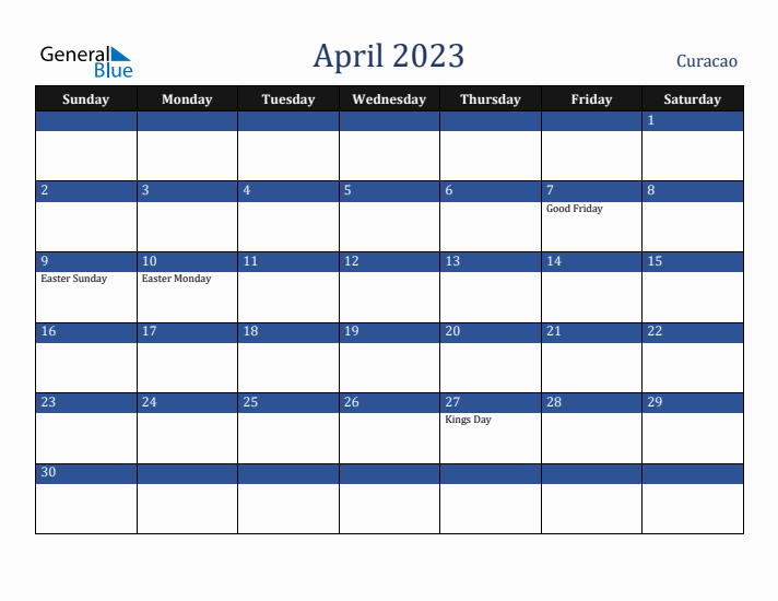 April 2023 Curacao Calendar (Sunday Start)