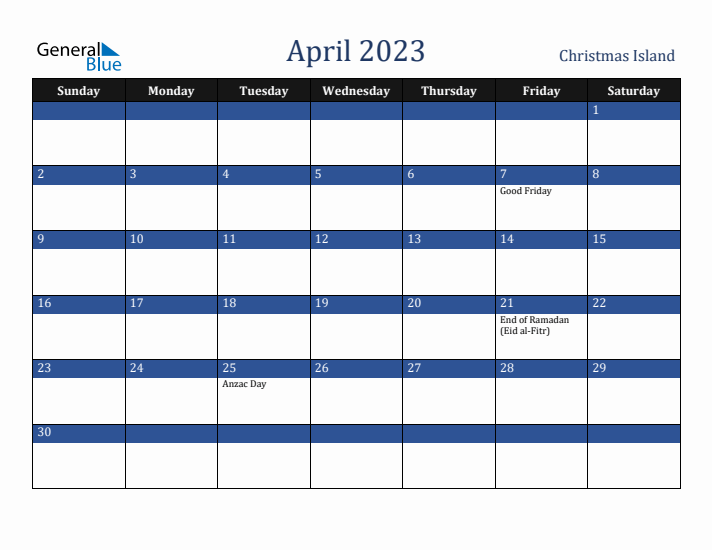 April 2023 Christmas Island Calendar (Sunday Start)