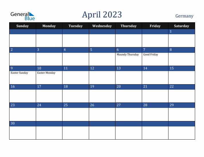 April 2023 Germany Calendar (Sunday Start)
