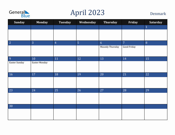 April 2023 Denmark Calendar (Sunday Start)