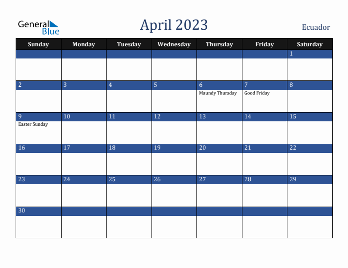 April 2023 Ecuador Calendar (Sunday Start)
