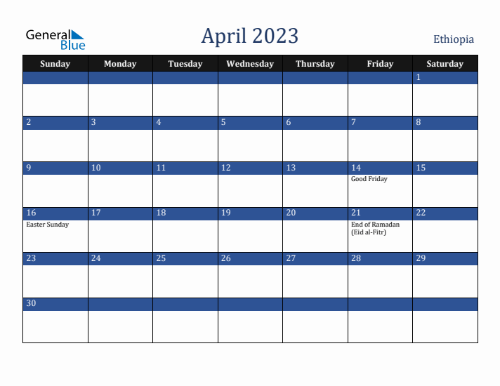 April 2023 Ethiopia Calendar (Sunday Start)