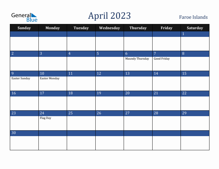 April 2023 Faroe Islands Calendar (Sunday Start)