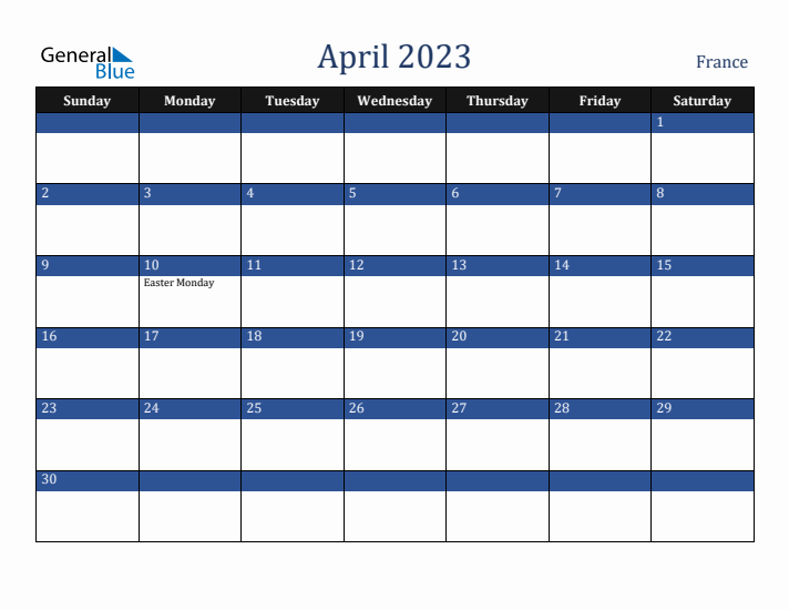 April 2023 France Calendar (Sunday Start)