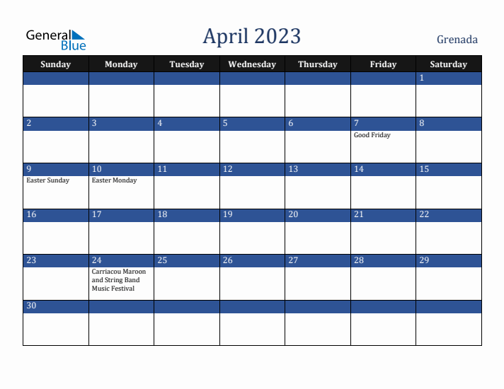 April 2023 Grenada Calendar (Sunday Start)