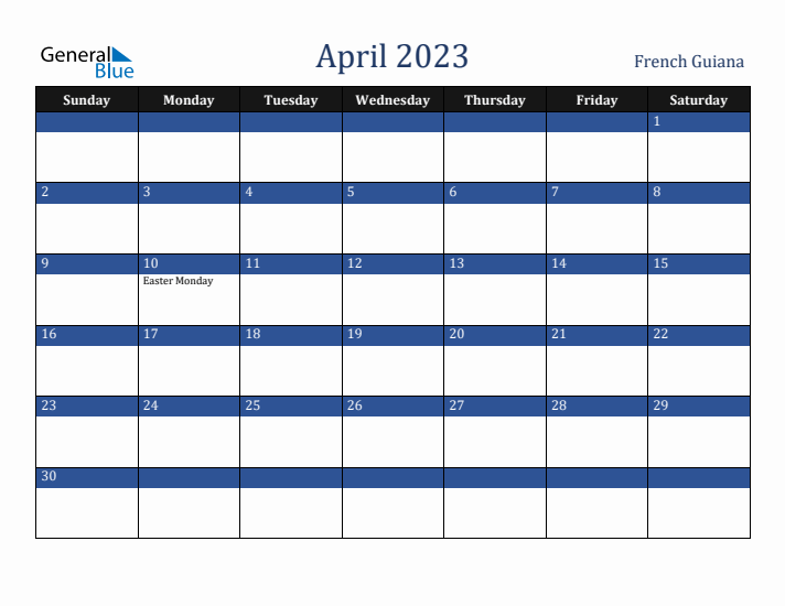 April 2023 French Guiana Calendar (Sunday Start)