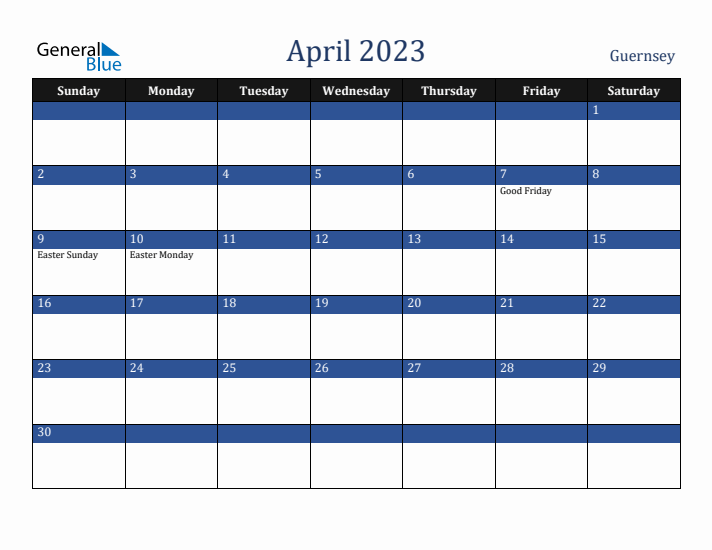April 2023 Guernsey Calendar (Sunday Start)