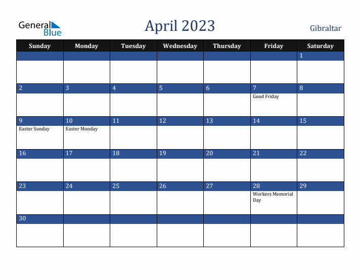 April 2023 Gibraltar Calendar (Sunday Start)
