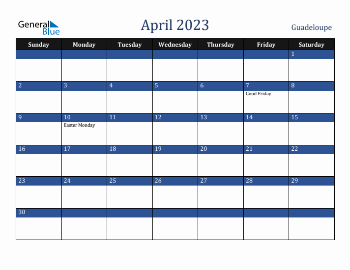 April 2023 Guadeloupe Calendar (Sunday Start)