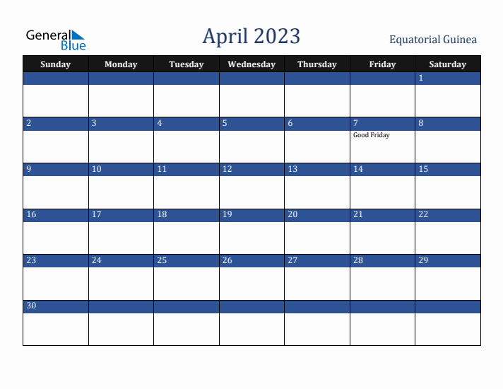 April 2023 Equatorial Guinea Calendar (Sunday Start)
