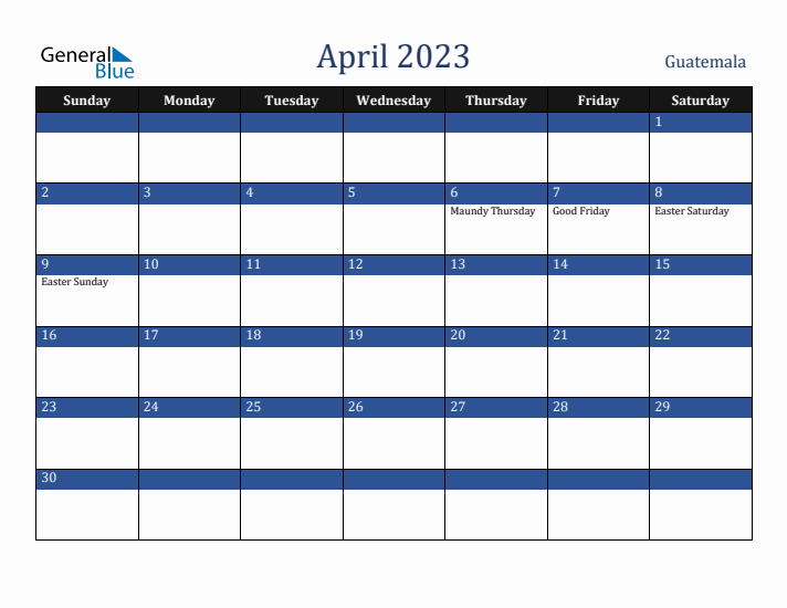 April 2023 Guatemala Calendar (Sunday Start)