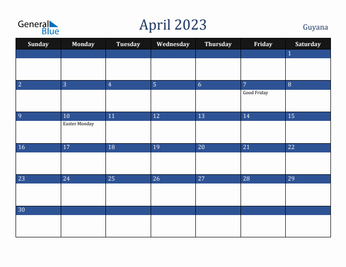 April 2023 Guyana Calendar (Sunday Start)