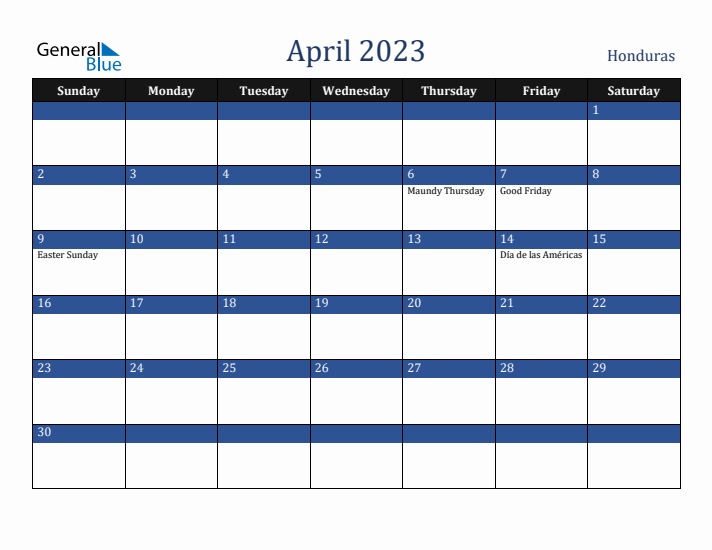April 2023 Honduras Calendar (Sunday Start)