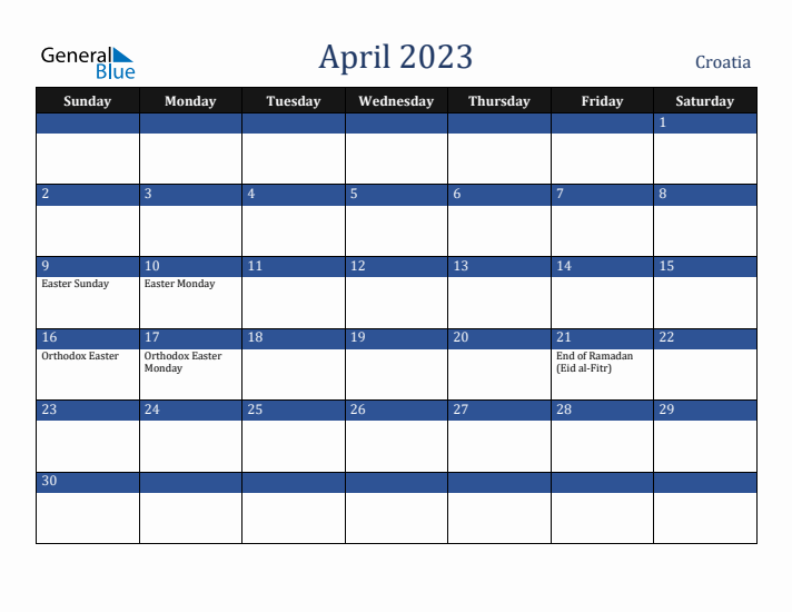 April 2023 Croatia Calendar (Sunday Start)