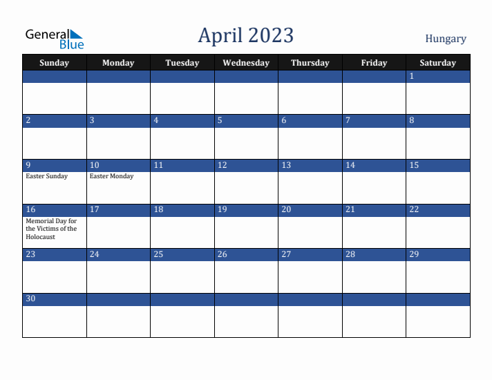 April 2023 Hungary Calendar (Sunday Start)