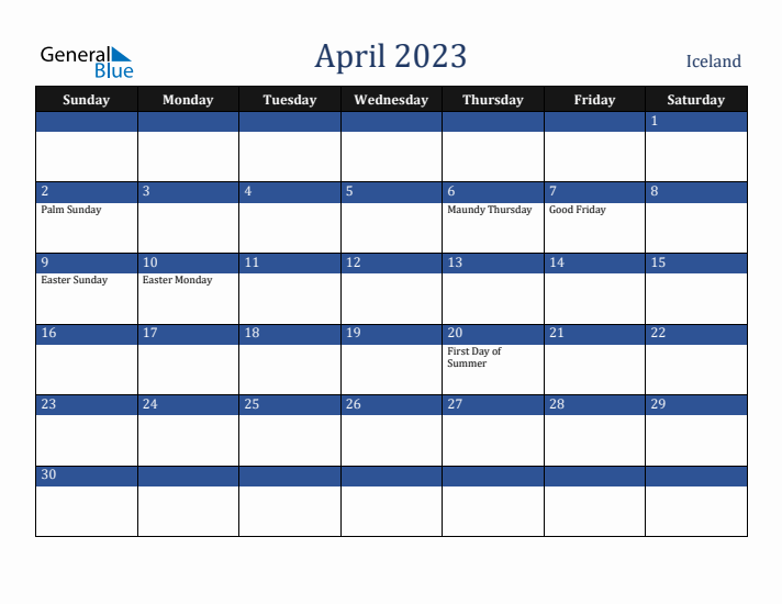 April 2023 Iceland Calendar (Sunday Start)